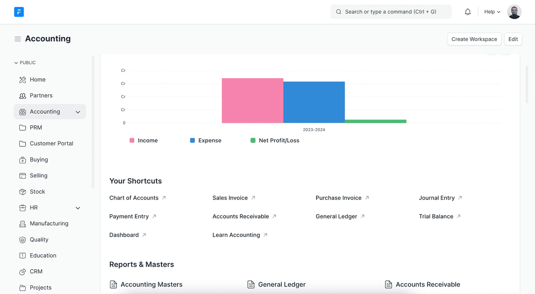 ERPNext Accounts Home Page